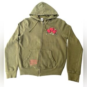Ed Hardy Olive Zip Hoodie LOVE Heart Graphic Y2K Sweatshirt – Size L